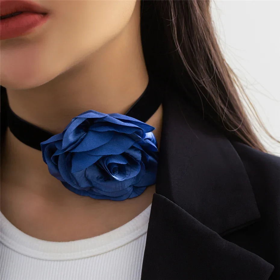 Elegant Choker Necklace with Large Blue Rose Flower Pendant 2