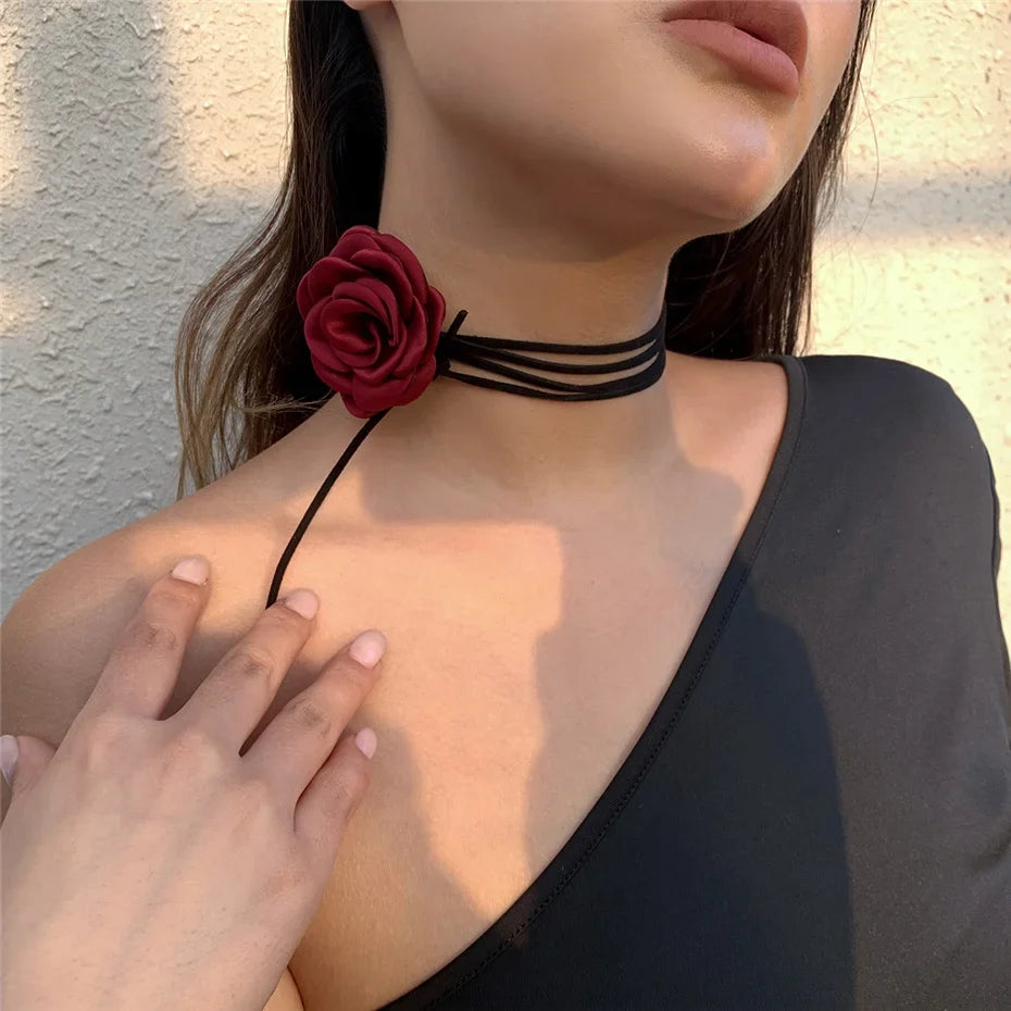 Elegant Choker Necklace with Large Burgundy Rose Flower Pendant