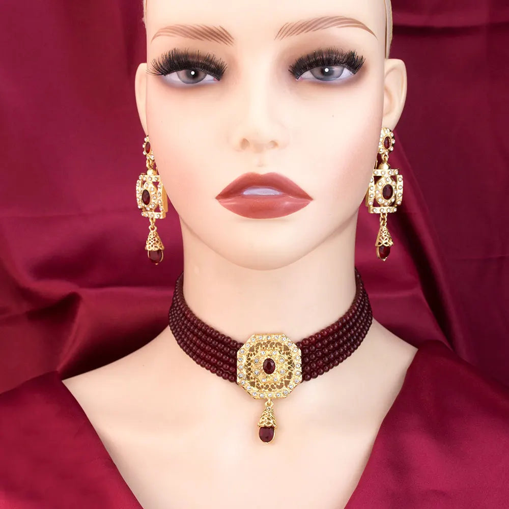 Red Arabic beaded choker necklace with pendant and drop earrings