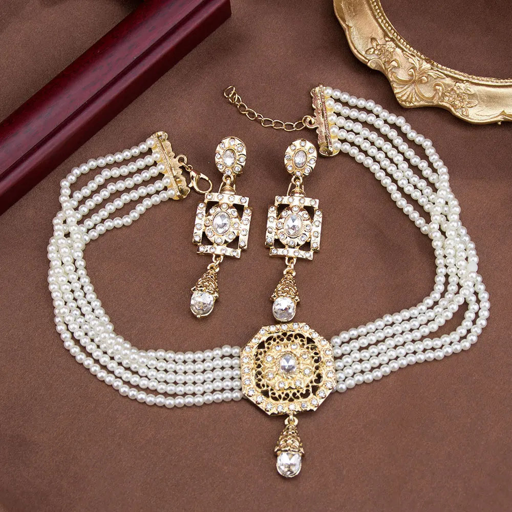 White Arabic beaded choker necklace with pendant and drop earrings