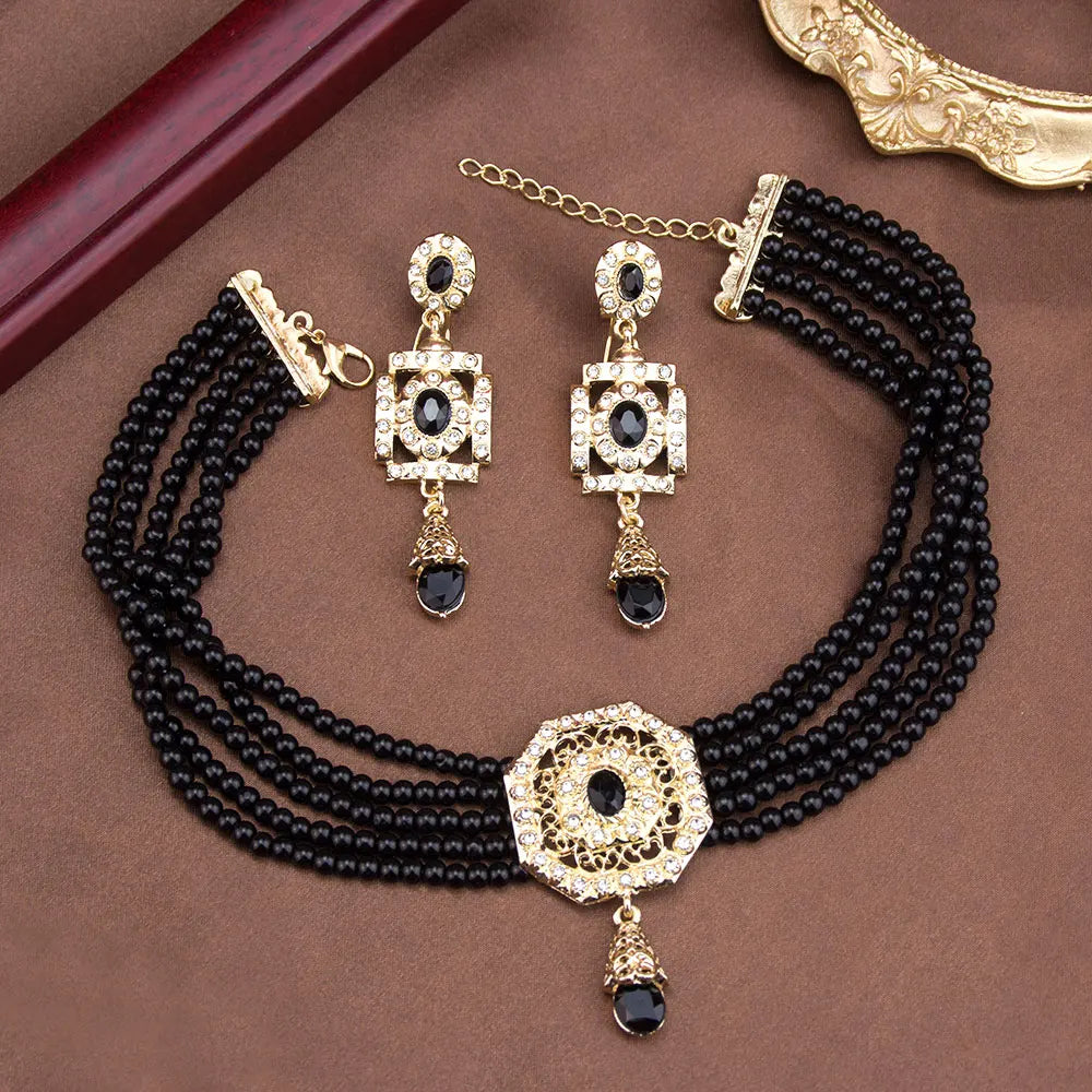 Black Arabic beaded choker necklace with pendant and drop earrings