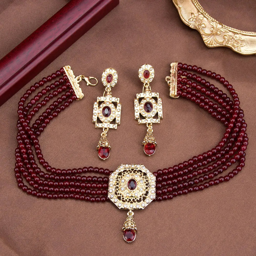Red Arabic beaded choker necklace with pendant and drop earrings