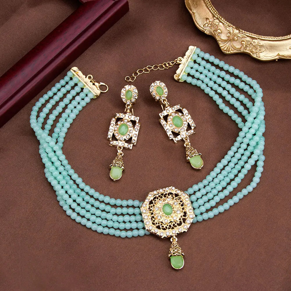 Turquoise Arabic beaded choker necklace with pendant and drop earrings