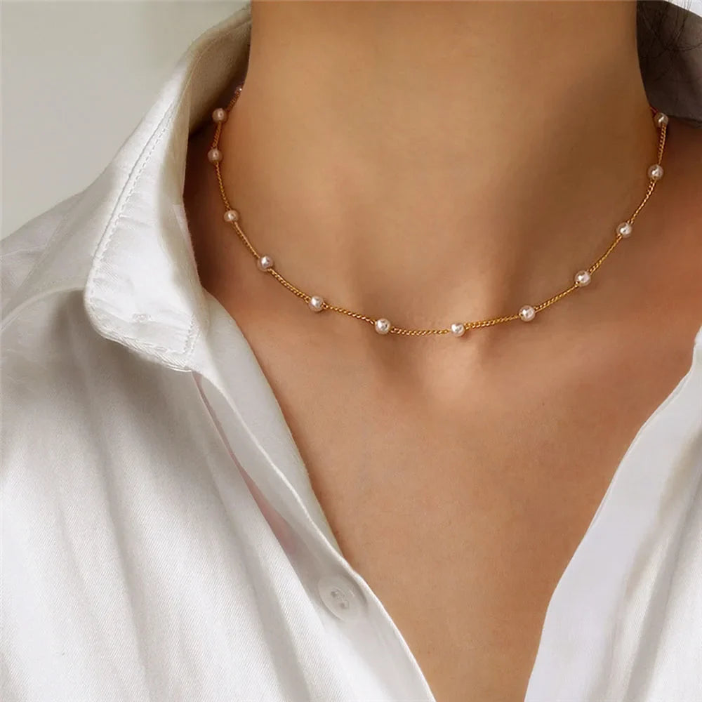 Women's Choker Necklace with Gold Beads