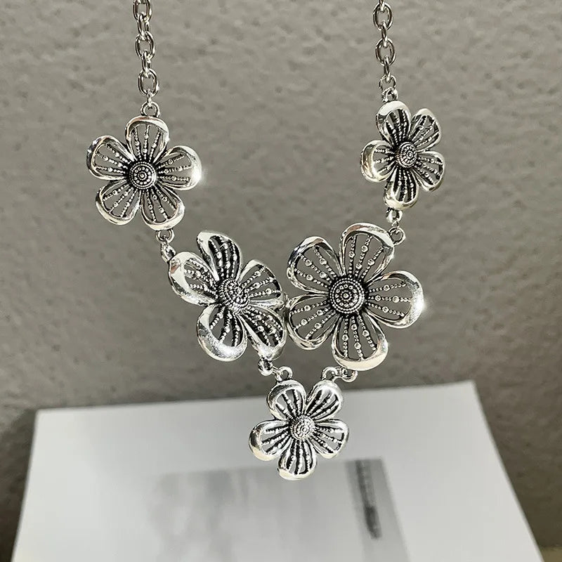 Choker Necklace with Large 5-Petal Flower Pendant