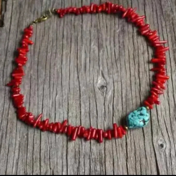 Stone and Coral Pendant Choker Necklace
