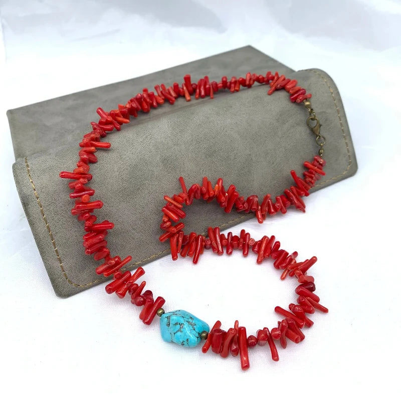Stone and Coral Pendant Choker Necklace
