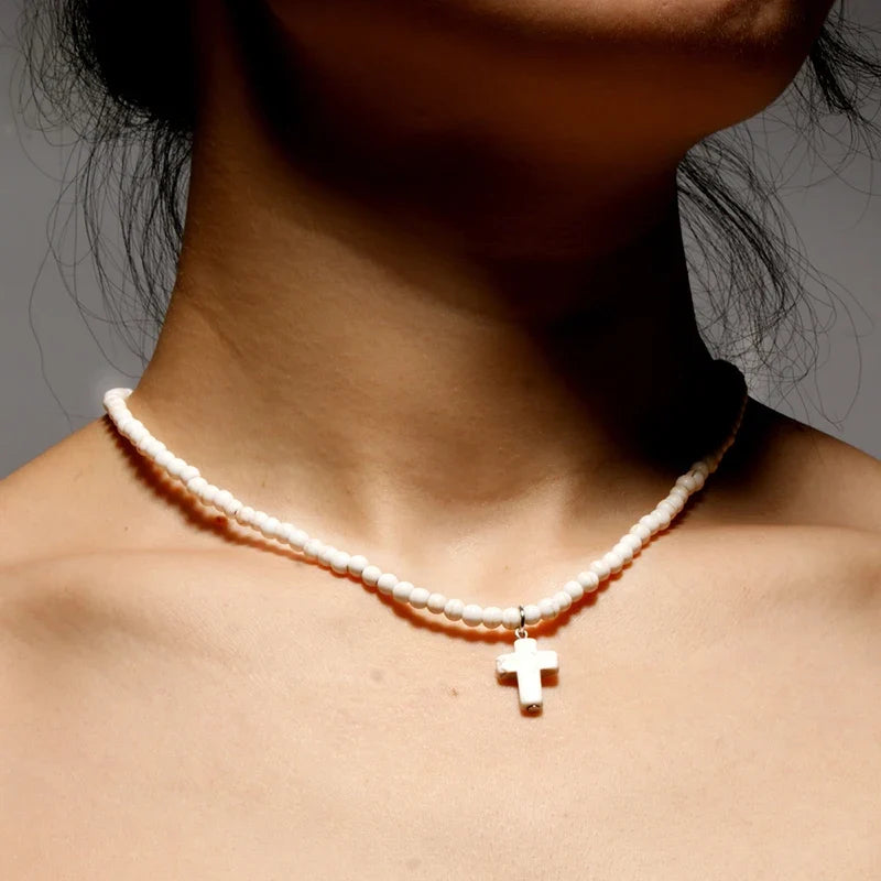Natural Stone Cross Pendant Choker Necklace for Women White