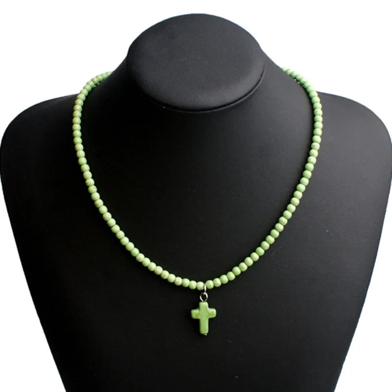 Natural Stone Cross Pendant Choker Necklace for Women Green