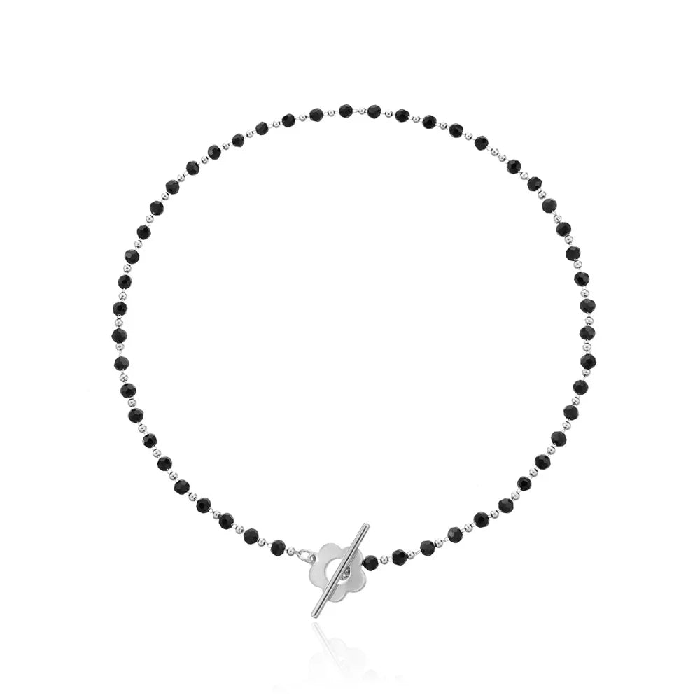 Floral Pendant Choker Necklace in Black and Silver