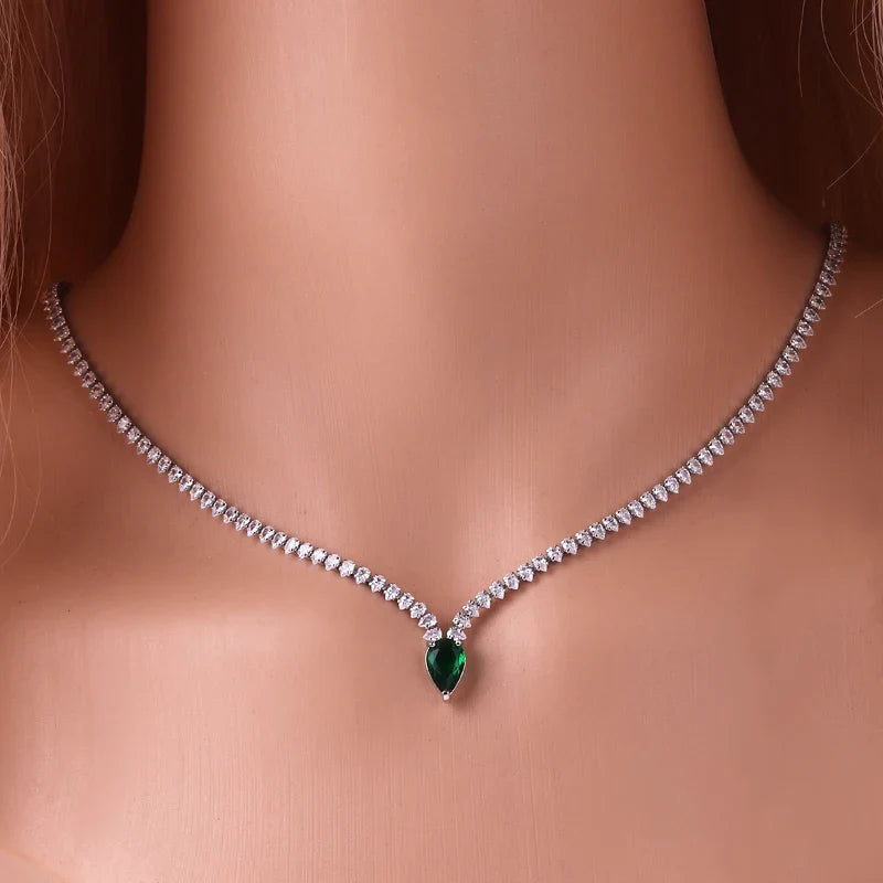 Charming Choker Necklace with Water Drop Pendant and Cubic Zirconia in Silver and Green