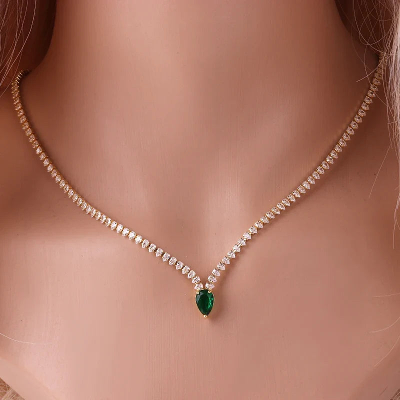 Charming Choker Necklace with Water Drop Pendant and Cubic Zirconia in Silver and Green