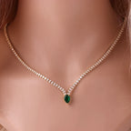 Charming Choker Necklace with Water Drop Pendant and Cubic Zirconia in Silver and Green