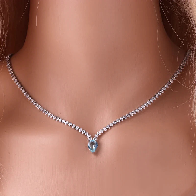 Charming Choker Necklace with Water Drop Pendant and Cubic Zirconia in Silver and Blue
