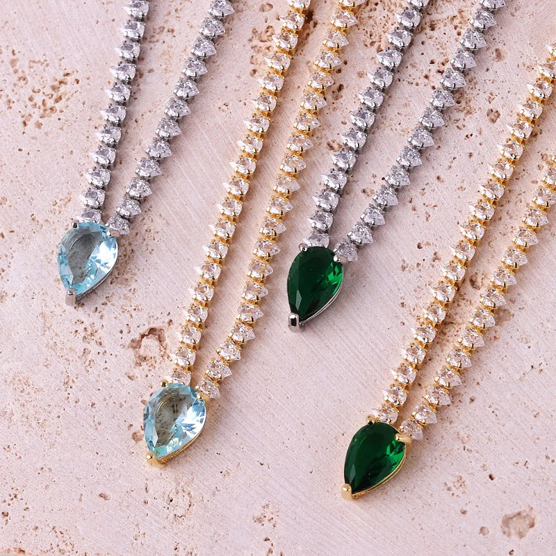 Charming Choker Necklace with Water Drop Pendant and Cubic Zirconia in Gold and Green