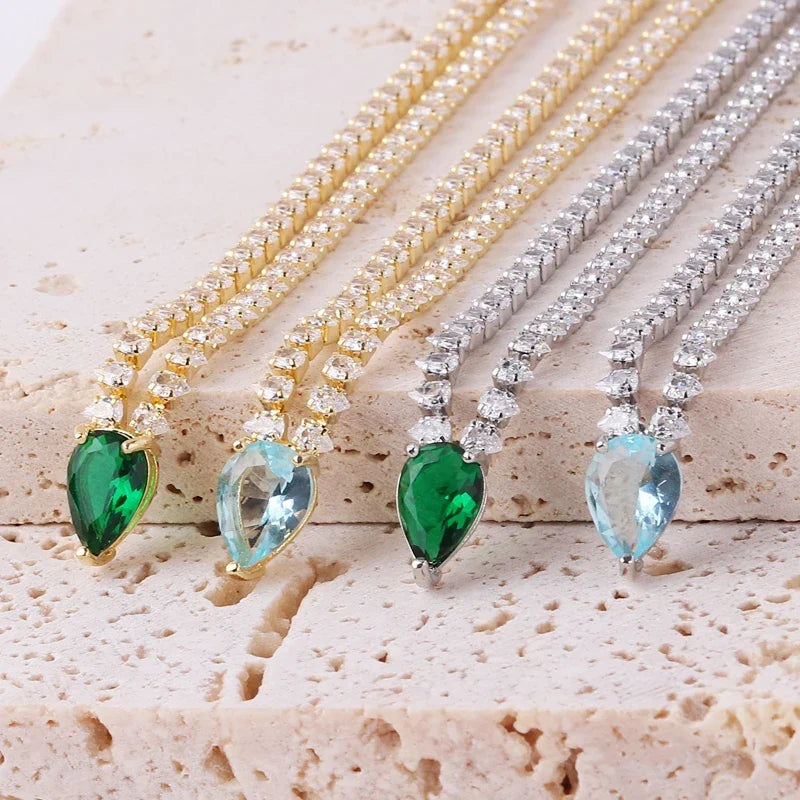 Charming Choker Necklace with Water Drop Pendant and Cubic Zirconia in Gold and Blue