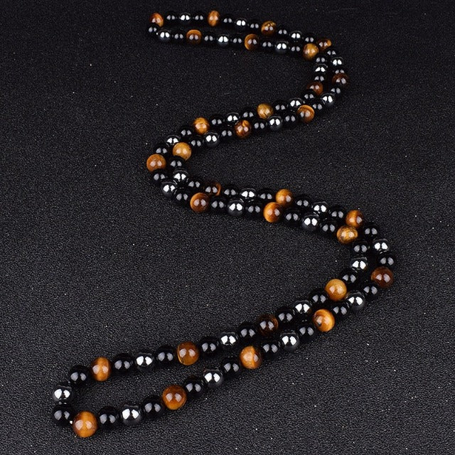 "Triple Protection" Necklace in Hematite, Tiger's Eye, and Obsidian Bead Chain