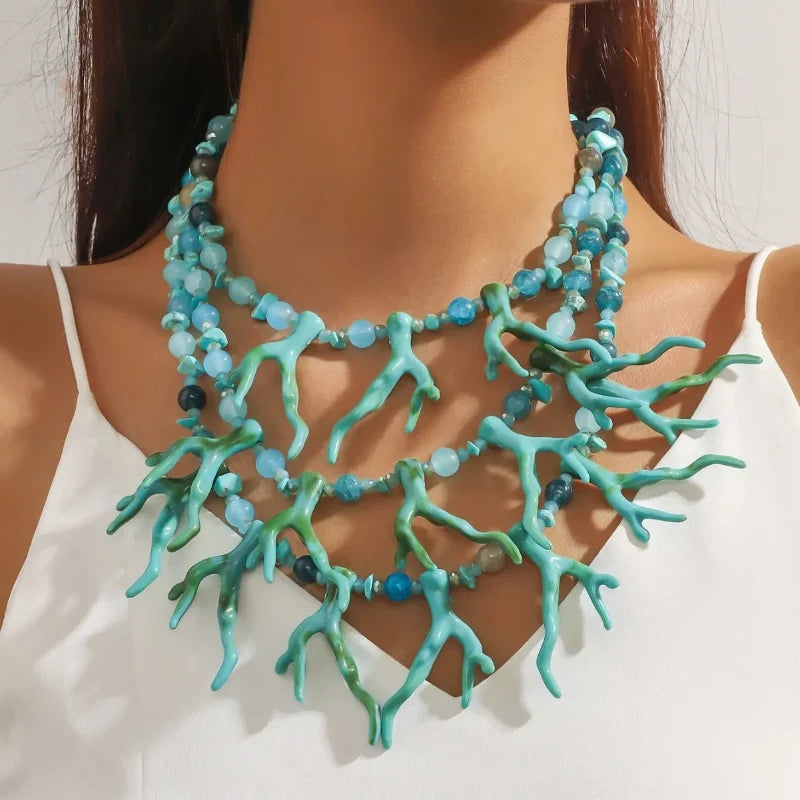 Triple-Row Coral Choker Necklace in Green