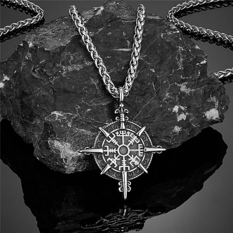 Viking Necklace with Vegvisir Compass Pendant in Silver