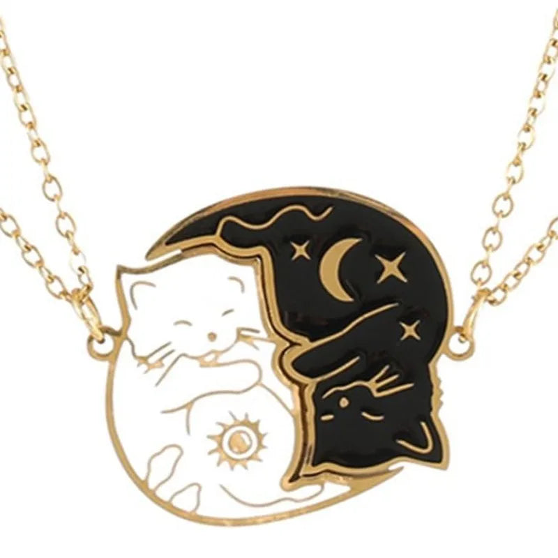 Couple Necklaces with Cute Cat Pendant in Gold