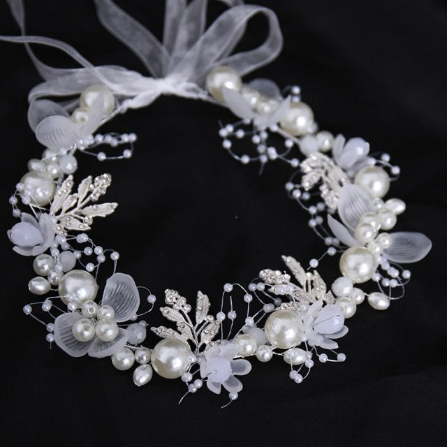 Wedding Flower and Pearl Crown for Women silver