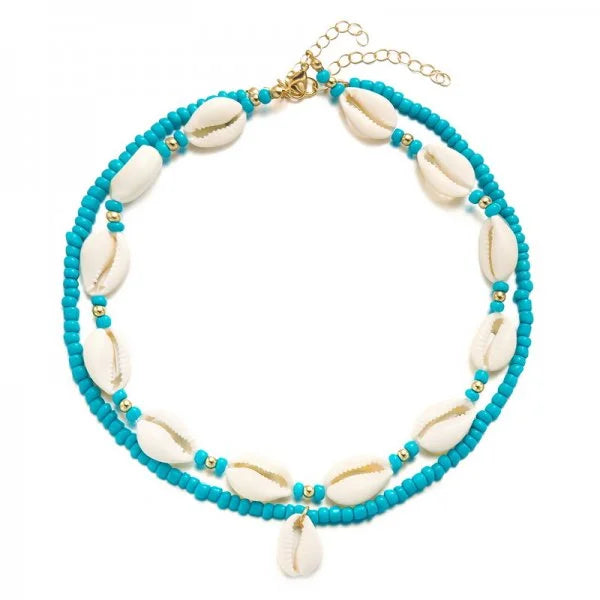 Double cowrie shell necklace, turquoise