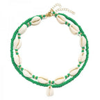 Double cowrie shell necklace, green