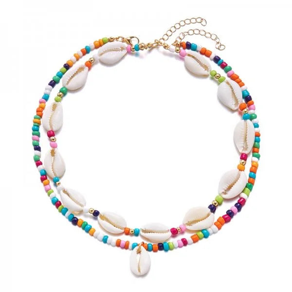 Double cowrie shell necklace, multicolor