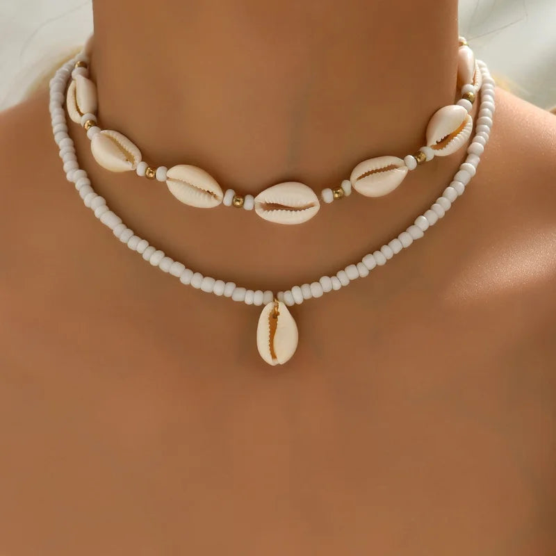 Double cowrie shell necklace, white
