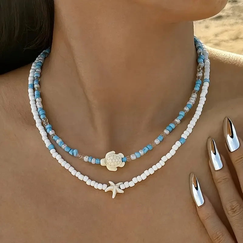 Double shell necklace and colorful beads blue turtle
