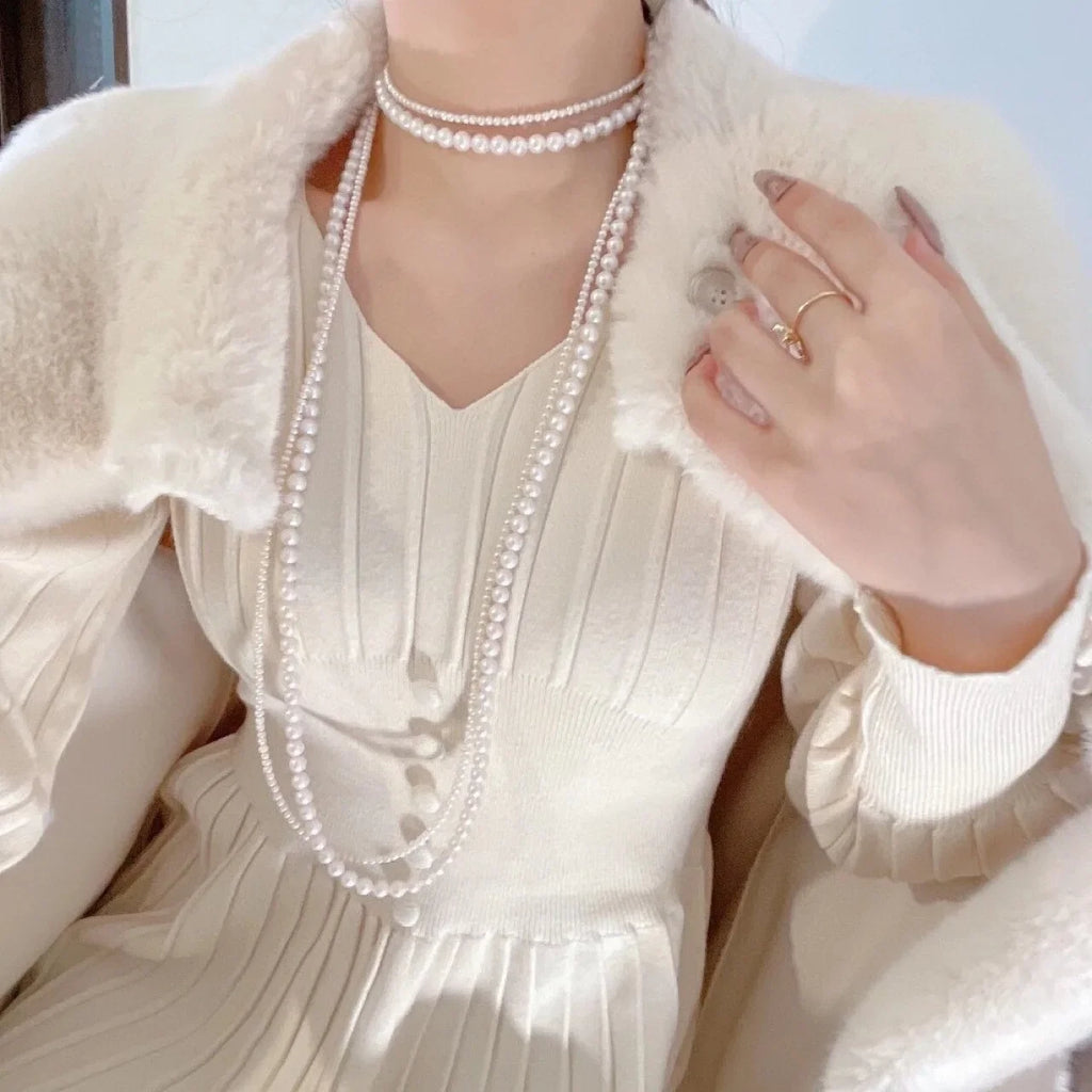 Long Double Women’s Necklace with White Pearls