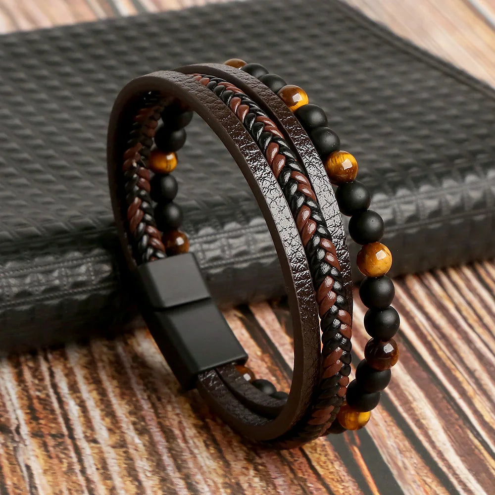 Men’s Tiger’s Eye Cuban Bracelet in Brown and Black Leather