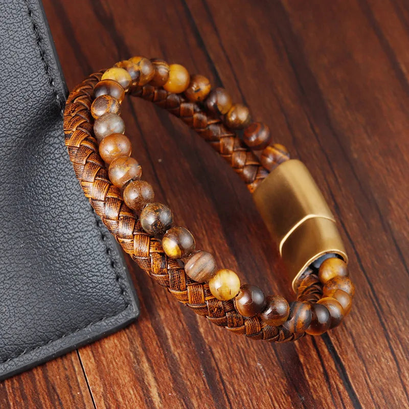 Tiger's Eye ID Bracelet in Leather & Stones