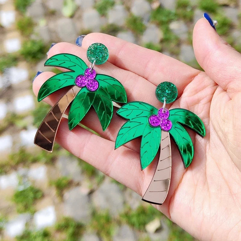 Large colorful green palm earrings