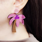 Large colorful pink palm earrings