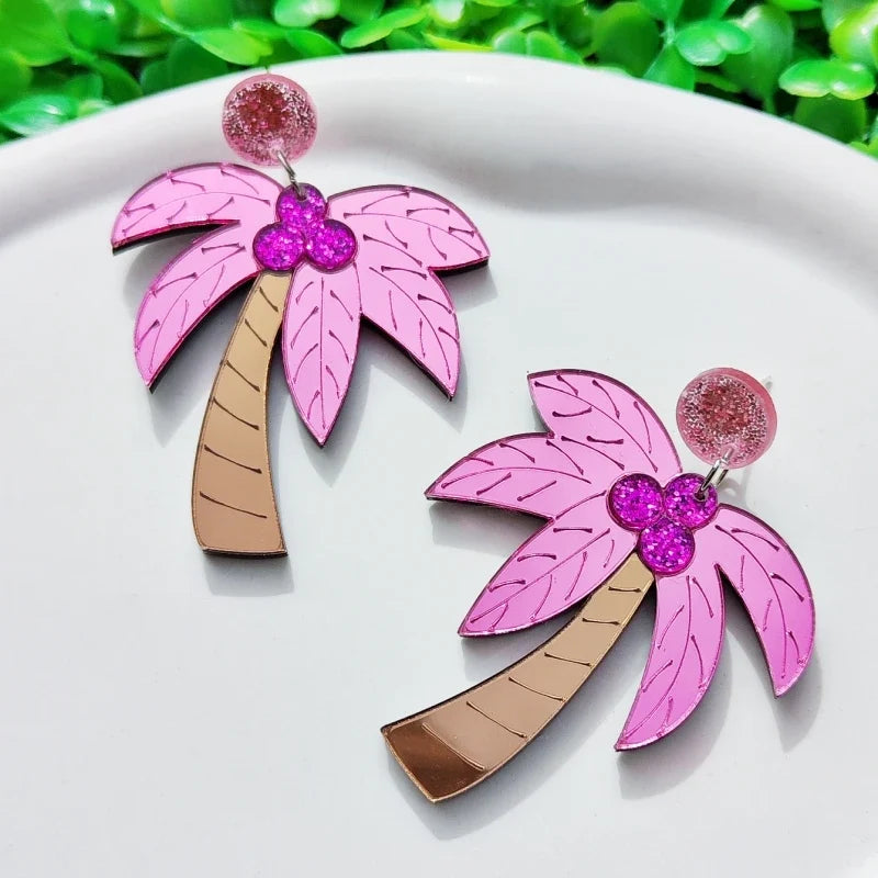 Large colorful pink palm earrings
