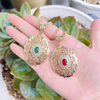 Long necklace with traditional Arabic red gold-tone pendant