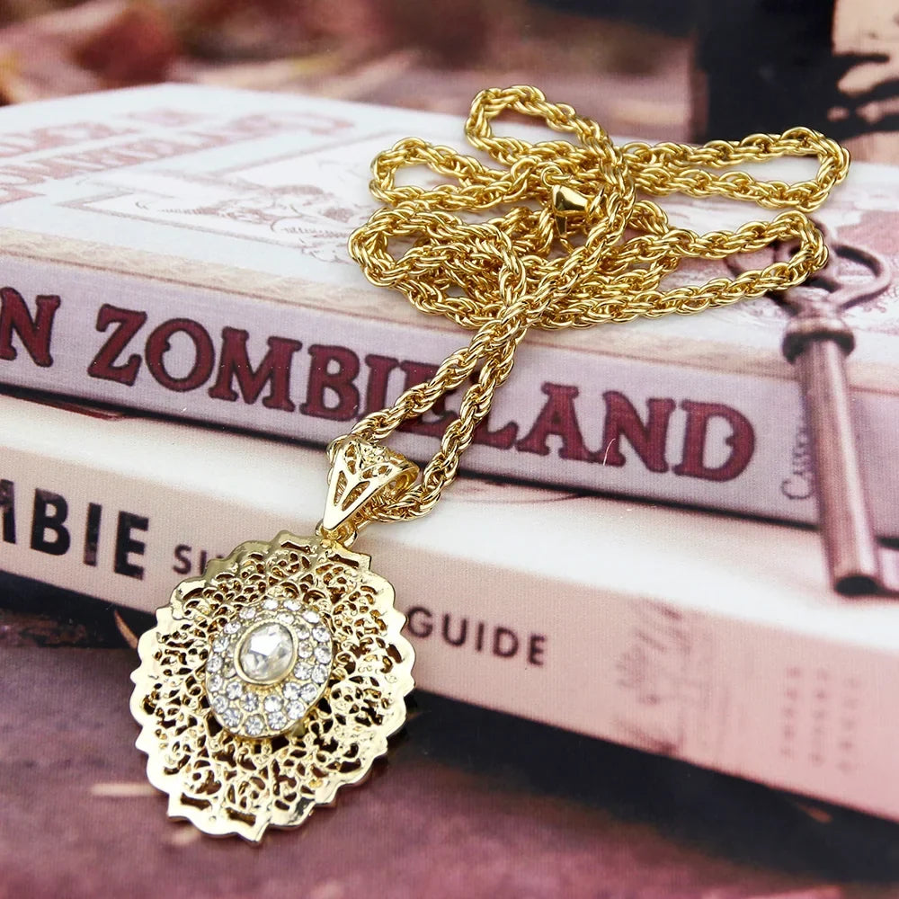 Long necklace with traditional Arabic white gold-tone pendant