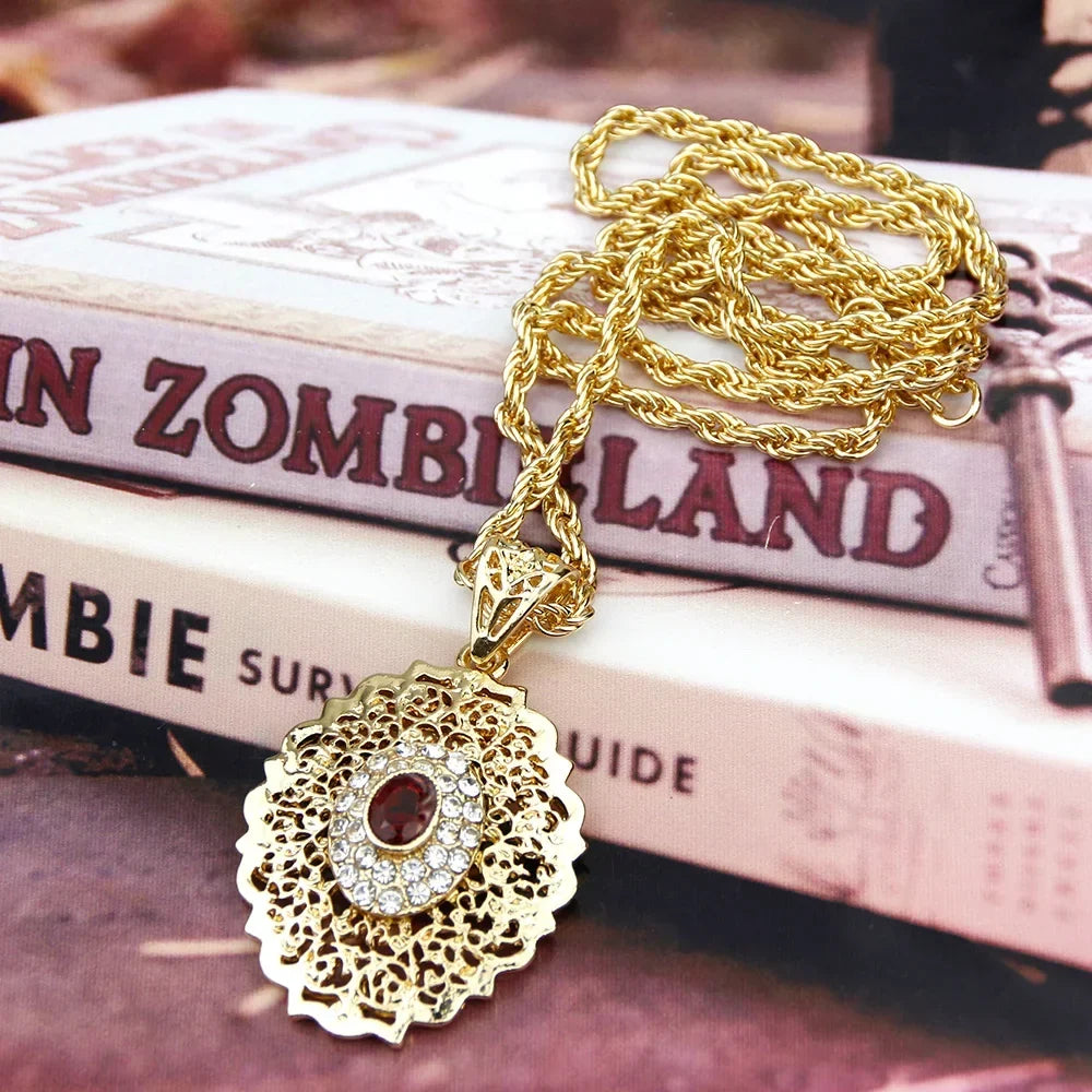 Long necklace with traditional Arabic red gold-tone pendant