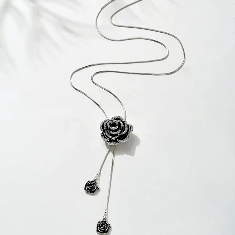 Long Black Flower Pendant Necklace