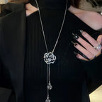 Long Black Flower Pendant Necklace