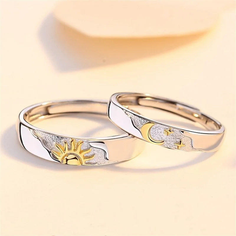 Set of 2 Couple Rings, Moon and Sun Zircon Band