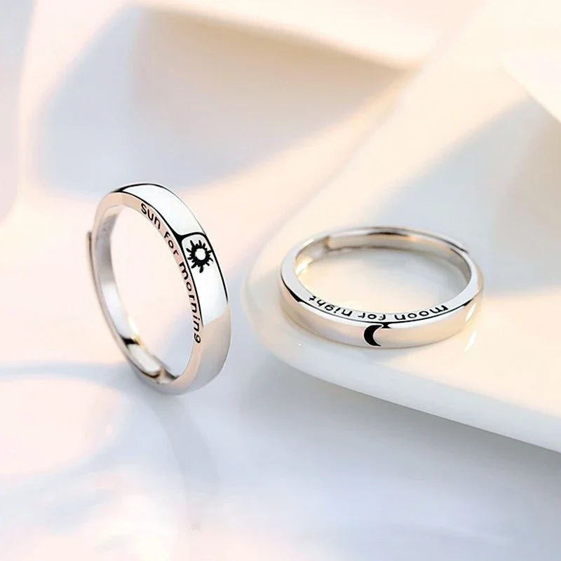 Set of 2 Couple Rings, Romantic Sun and Moon Band