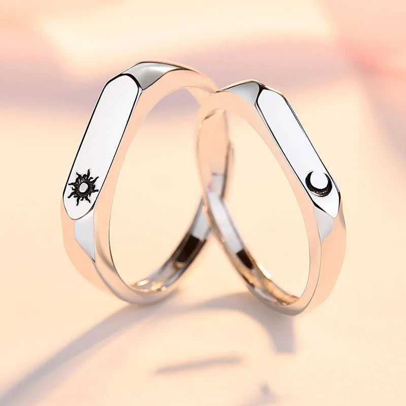 Set of 2 Couple Rings, Romantic Sun and Moon Band