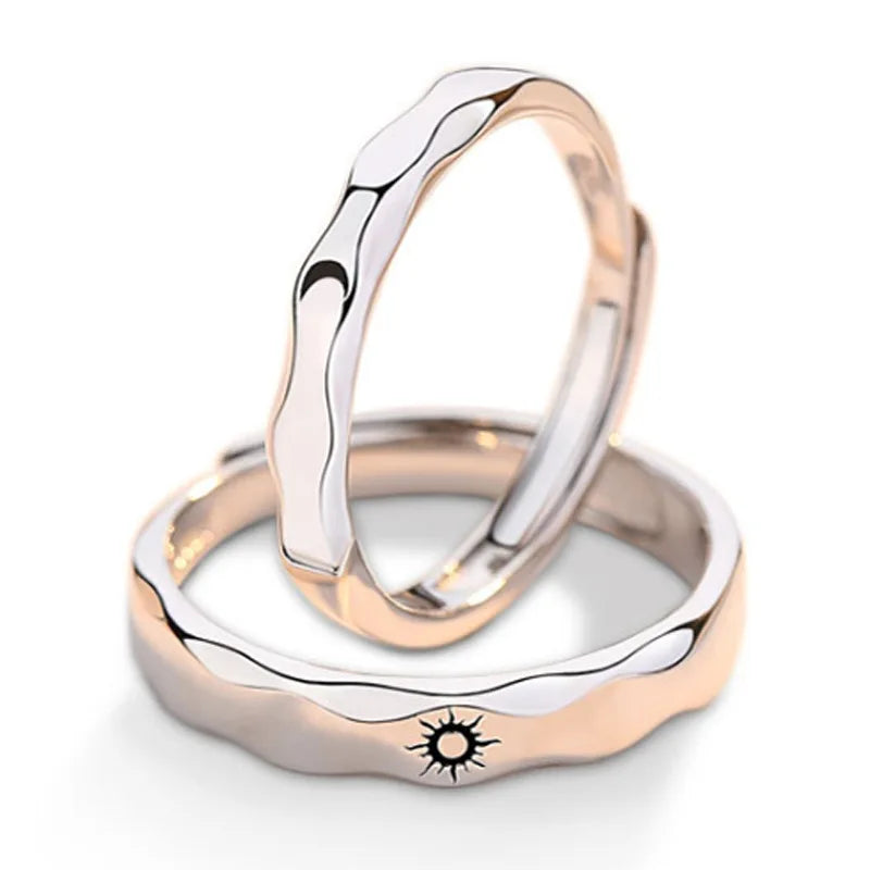 Set of 2 Couple Rings, Romantic Sun and Moon Band