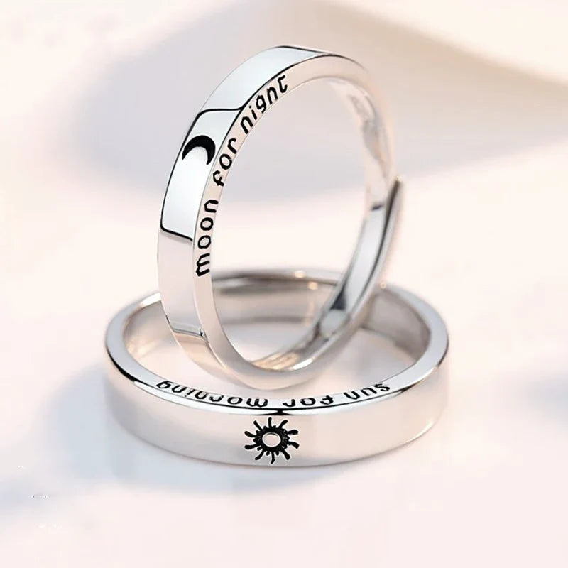 Set of 2 Couple Rings, Romantic Sun and Moon Band