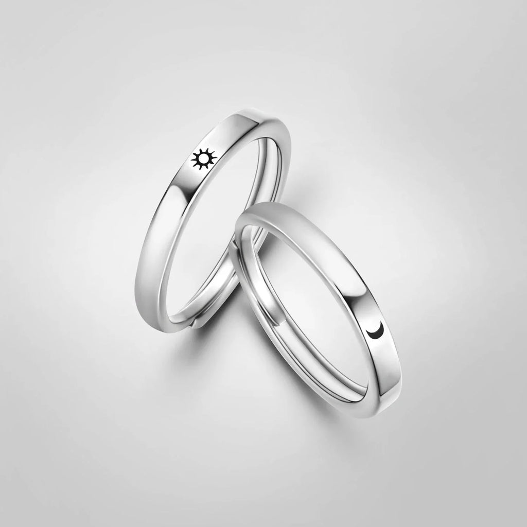 Set of 2 Couple Rings, Romantic Sun and Moon Band