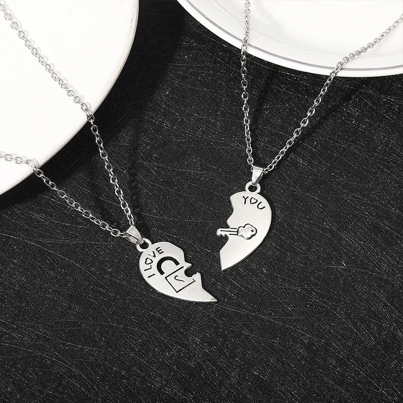 Set of 2 Necklaces with Half-Heart "I Love You" Pendants for Couples