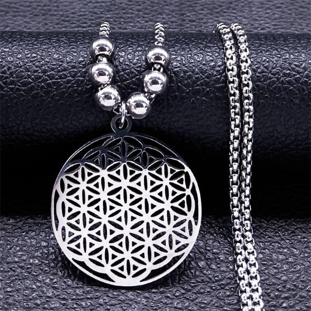 Dawapara Silver Life Flower Pendant Beaded Mandala Necklace for Men and Women