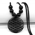 Dawapara Black Life Flower Pendant Beaded Mandala Necklace for Men and Women